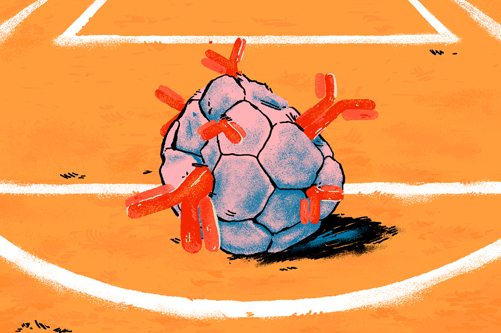 Ilustração de bola de futebol furada por anticorpos.