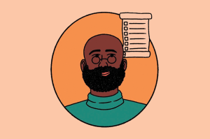 SI_436_ORCL_Manual_02 Ilustração de um homem fazendo uma lista de filmes que quer assistir.