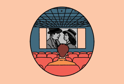 Ilustração de uma pessoa assistindo um filme clássico no cinema.
