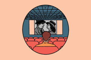 SI_436_ORCL_Manual_site Ilustração de uma pessoa assistindo um filme clássico no cinema.