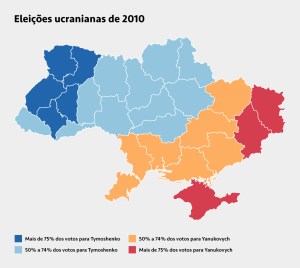 eleicoes Mapa mostrando as porcentagens de votos entre Tymoshenko e Yanukovych em cada região da Ucrânia, nas eleições de 2010.