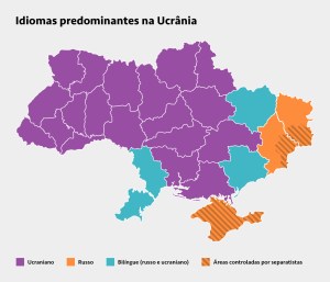 idiomas Mapa mostrando os idiomas prodominantes na Ucrânia e as áreas controladas por separatistas.