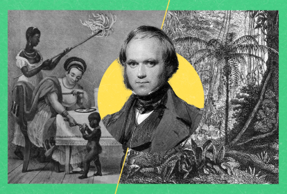 Colagem com Charles Darwin no centro da imagem, ao lado de uma pintura do Debret e de uma ilustração da floresta amazônica.