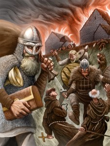 SI_437_vikings2 Ilustração de vikings enfrentando cristãos e saqueando.