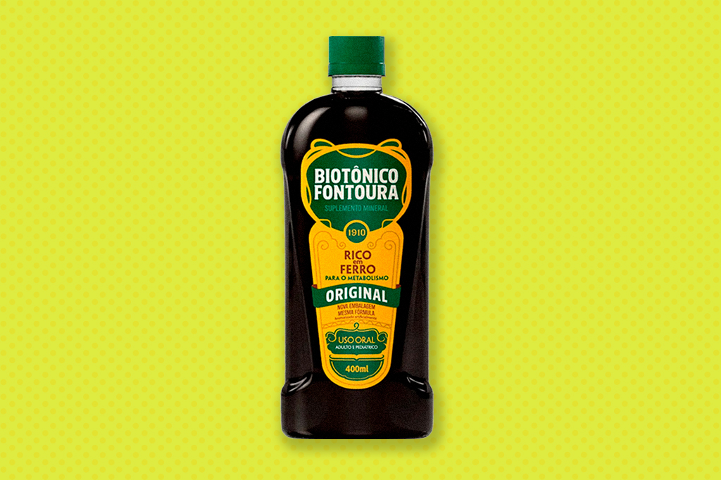 Imagem de fundo verde amarelado, com frasco de Biotônico Fontoura ao centro.