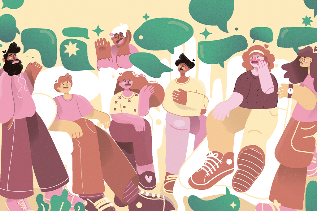 Ilustração de pessoas conversando, com diversos balões de fala distribuídos pela cena.