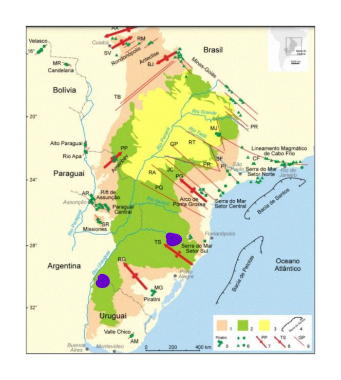 derivacontinental_ametista1 Mapa geológico com destaque para os basaltos da Formação Serra Geral, e depósitos sedimentares pré-basálticos no contexto da Bacia Sedimentar do Paraná.
