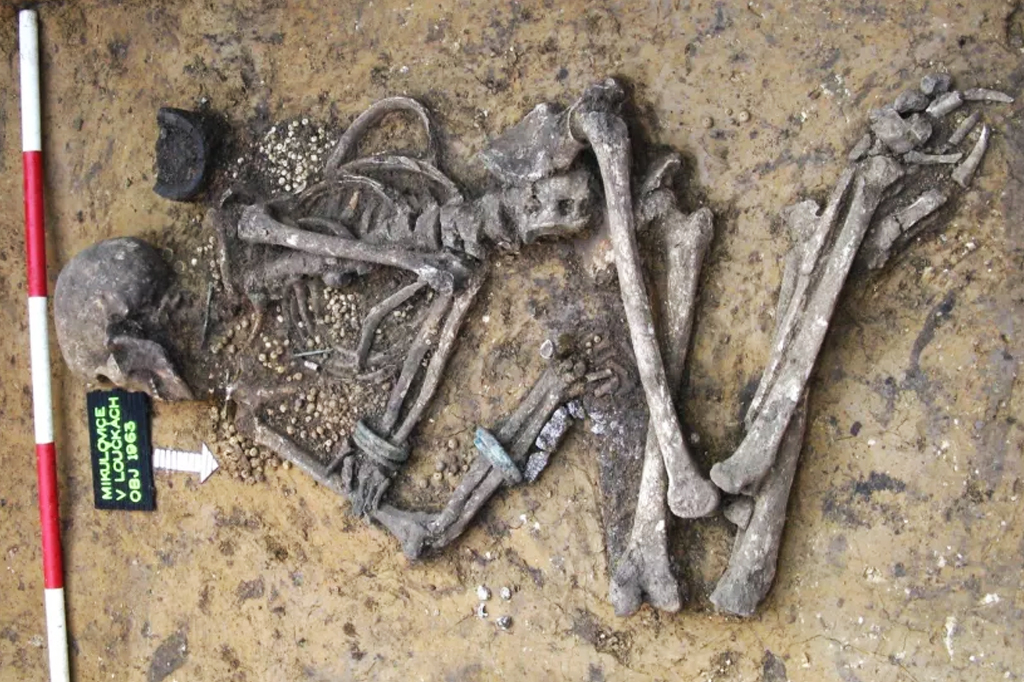Pesquisadores reconstroem o rosto de mulher europeia da Idade do Bronze 2 Esqueleto de mulher da Idade da Pedra, encontrada em Mikulovice, República Tcheca.