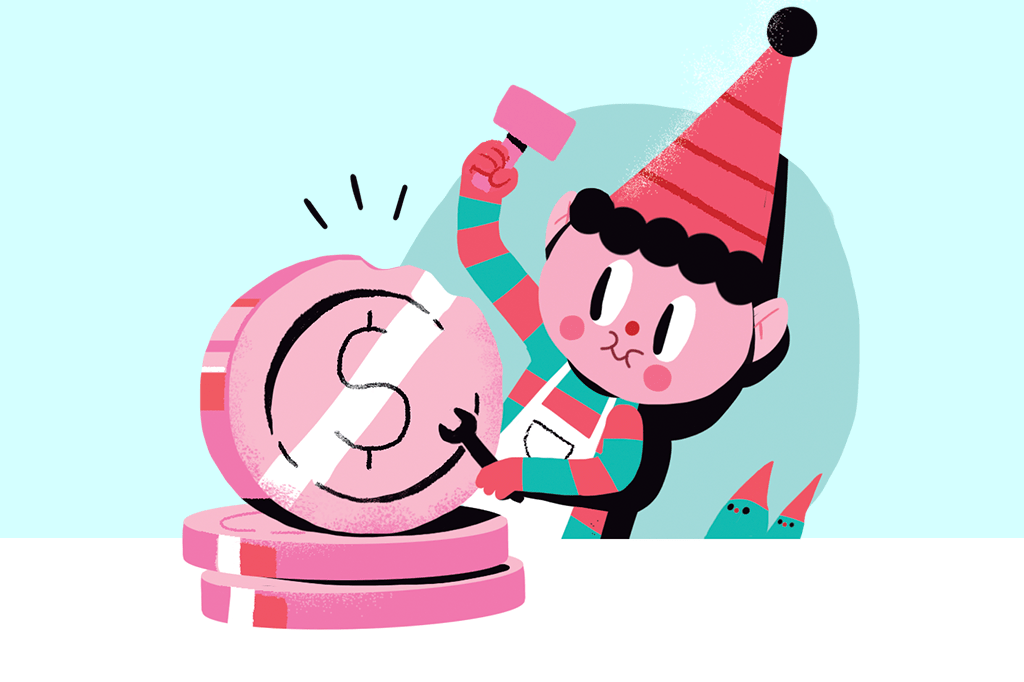 Ilustração de um duende fazendo moedas.