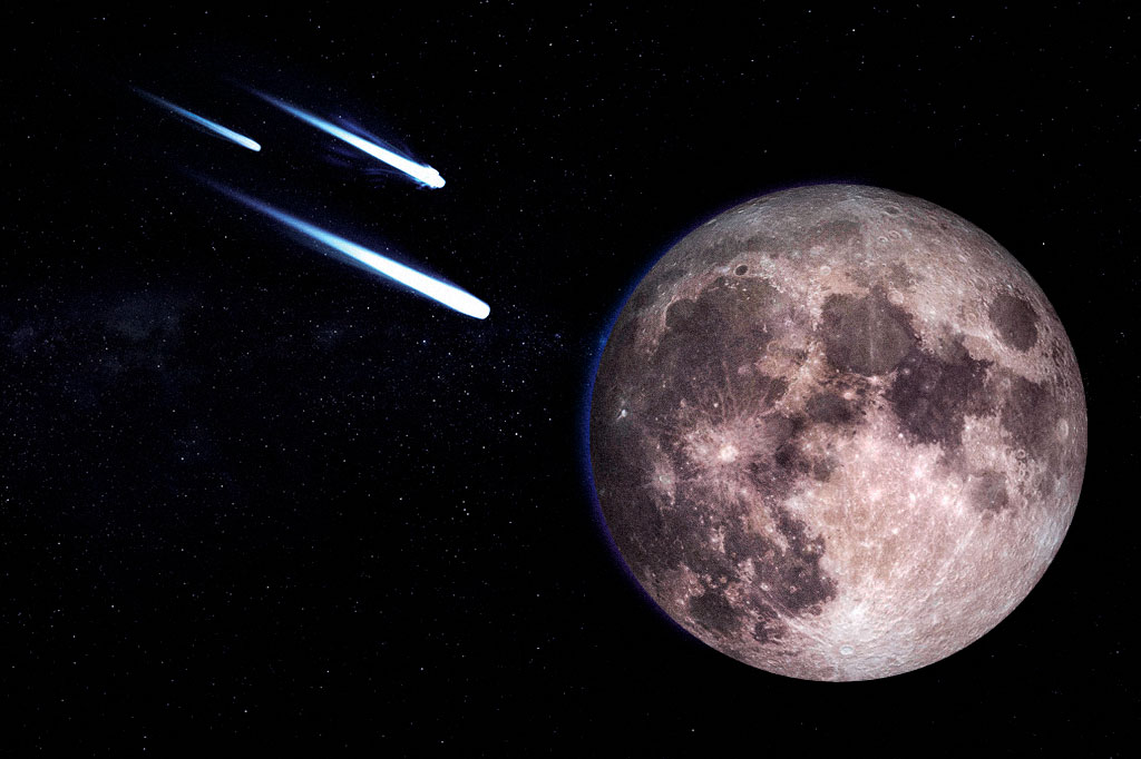 Meteoros indo em direção à Lua, no espaço.