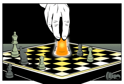 Ilustração de uma mão movimentando uma peça de xadrez no tabuleiro. A peça possui um símbolo de energia nuclear no meio.