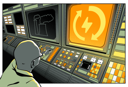 Ilustração de um cientista manipulando um painel de botões.