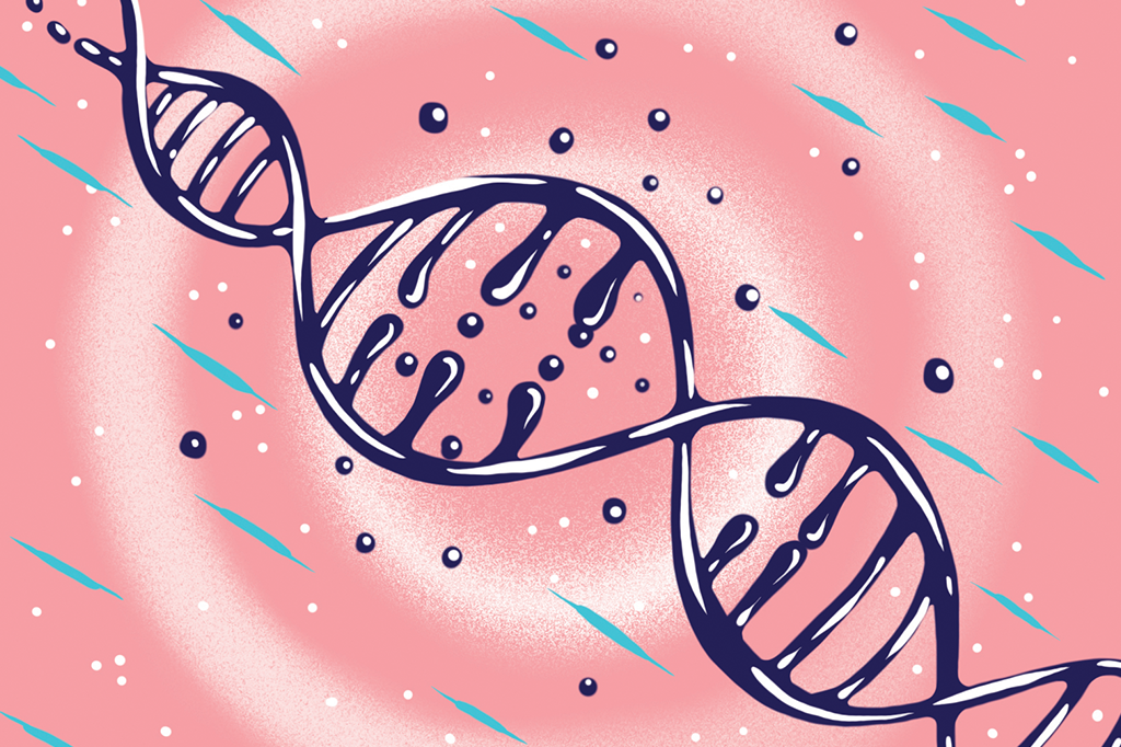 Ilustração de uma fita de DNA com algumas partículas em volta.