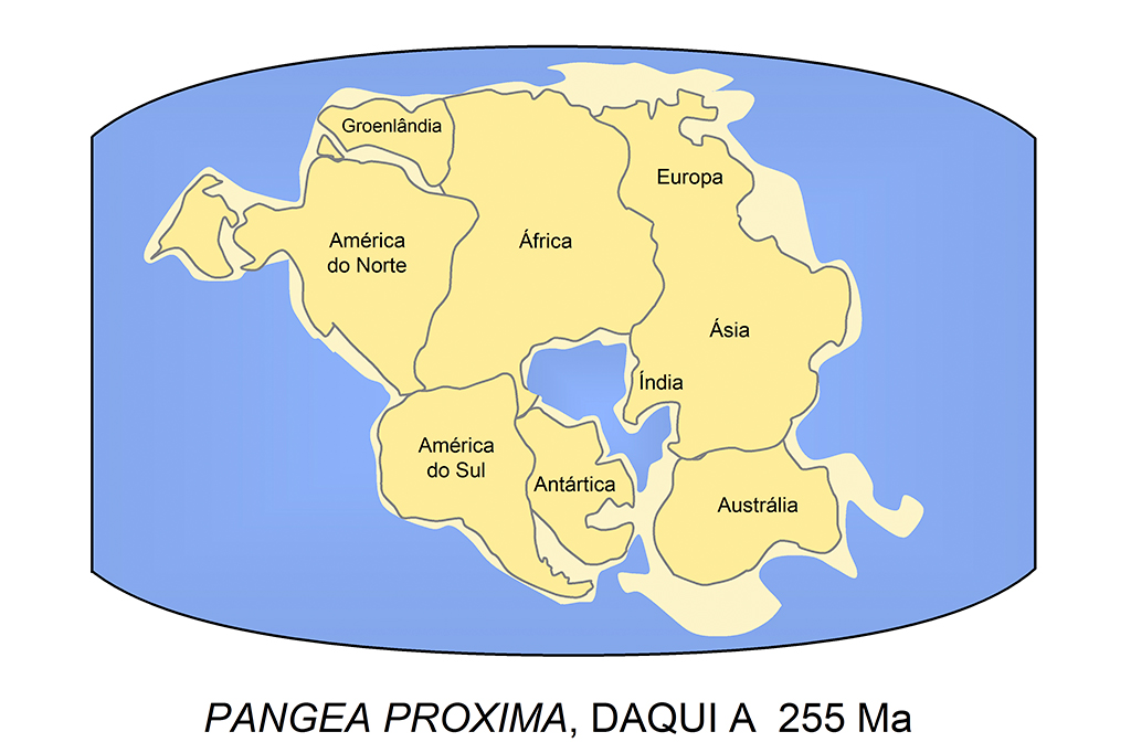 SI_deriva_fig9_site Esquema ilustrado mostrando a configuração do que virá a ser o próximo supercontinente daqui a 250 milhões de anos, a Pangeia Próxima.