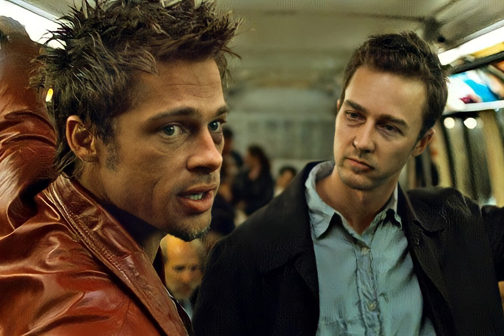5 melhores filmes sobre distúrbios mentais 3 Cena do filme Clube da Luta com os dois personagens principais no metrô.