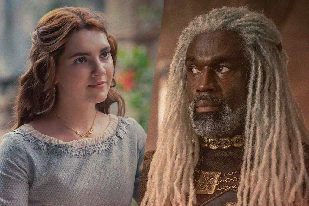 Montagem com as fotos dos personagens Alicent Hightower e Corlys Velaryon.