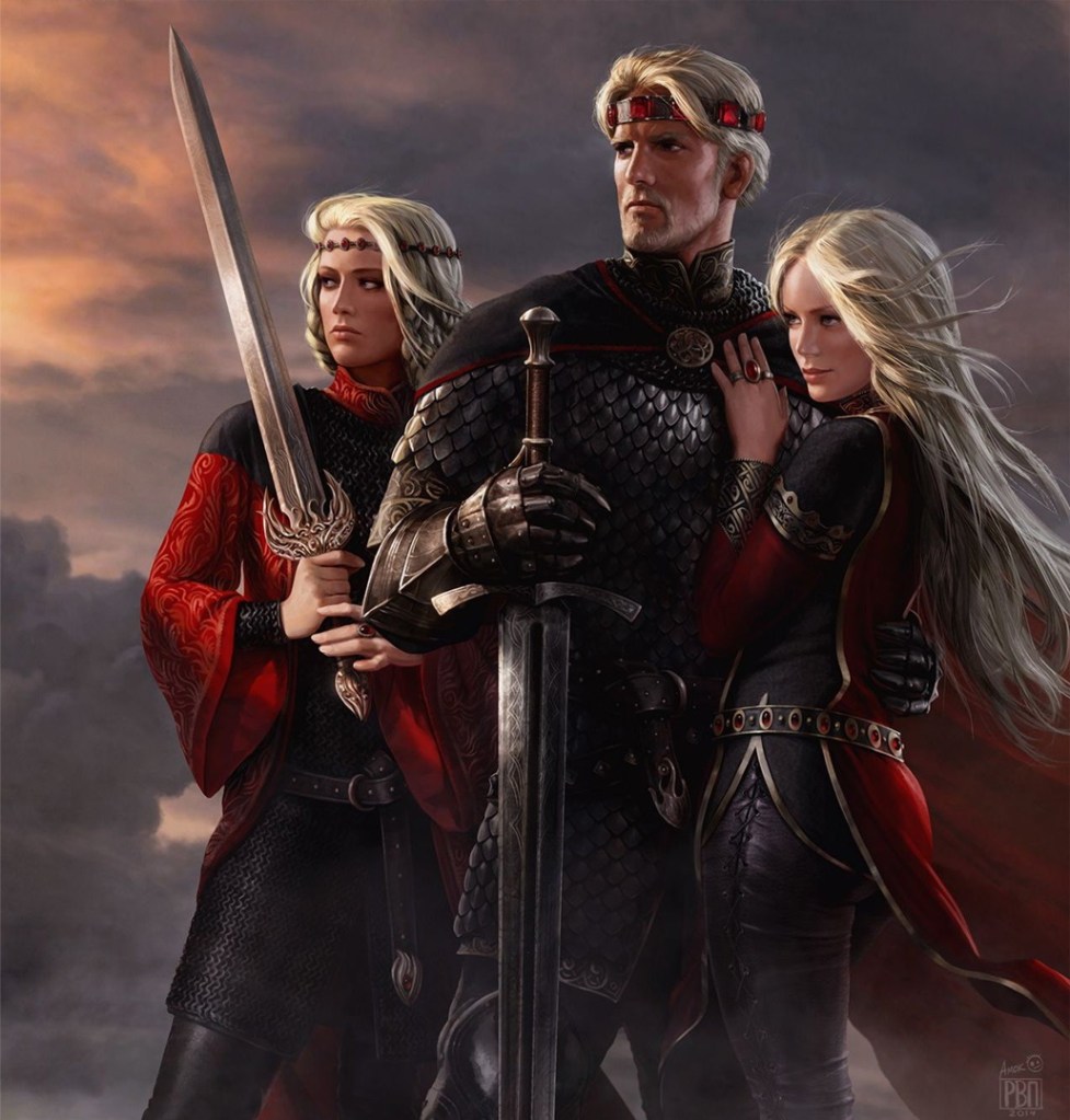 Ilustração de Aegon, Rhaenys e Visenya.