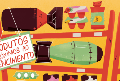 Ilustração de uma seção do mercado com produtos próximos ao vencimento: caixas de leite, ovos, iogurte e bombas atômicas.