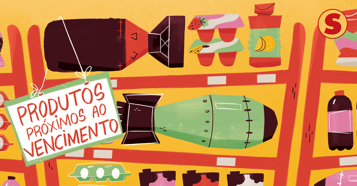 Ilustração de uma seção do mercado com produtos próximos ao vencimento: caixas de leite, ovos, iogurte e bombas atômicas.
