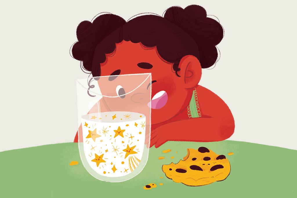 Ilustração de uma menininha vendo a Via Láctea em um copo de leite.