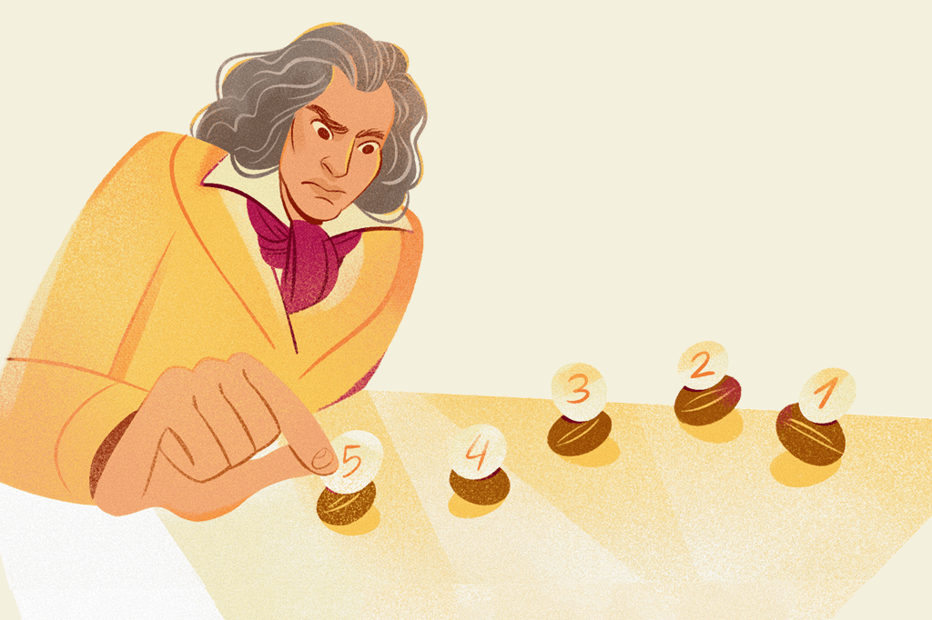 Ilustração de Beethoven contando grãos de café.