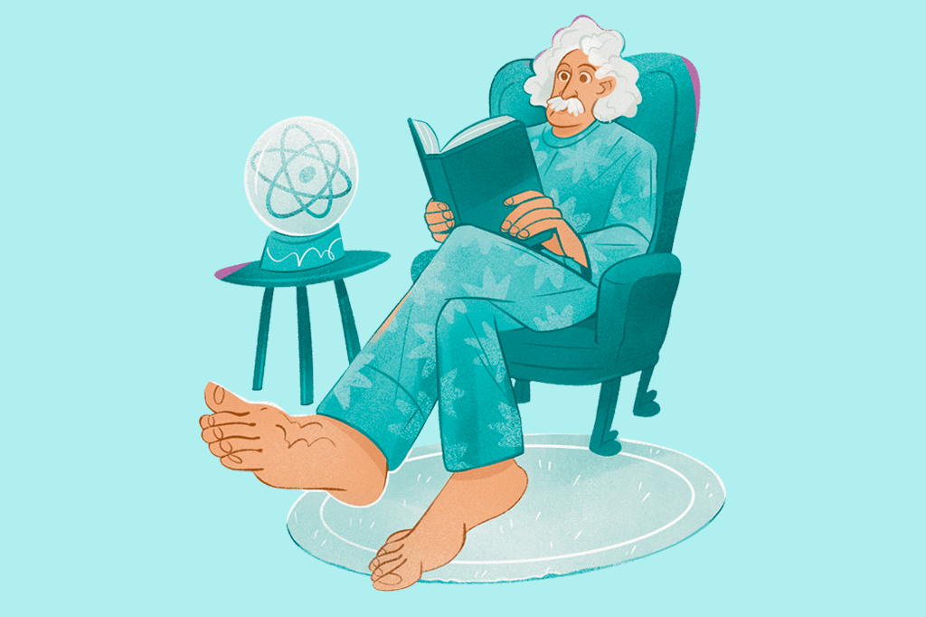 Ilustração de Albert Einstein descalço enquanto lê um livro.