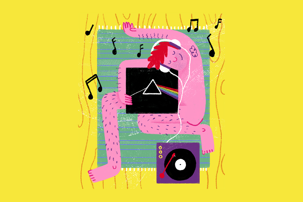 SI_443_ORCL_manual001 Ilustração de uma pessoa deitada em um tapete, abraçada em um disco cuja capa é o The Dark Side of the Moon, do Pink Floyd. Para ouvi-lo, ela usa headset, conectado à vitrola. Há notinhas musicais em volta.
