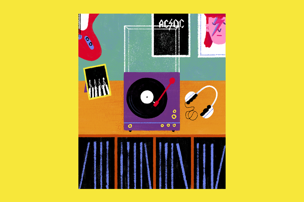 SI_443_ORCL_manual003 Ilustração de uma bancada com uma vitrola em cima tocando música. Há elementos em volta, como um porta-retrato dos Beatles e um headset. Na parede, posters do David Bowie e AC/DC, além de uma guitarra pendurada.