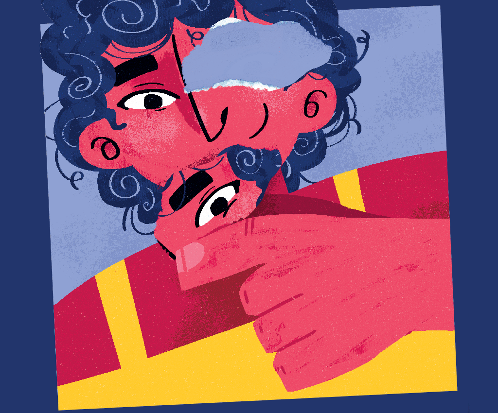 SI_443_Ressaca_03 Ilustração de um homem com quase todas as suas partes coladas no lugar.