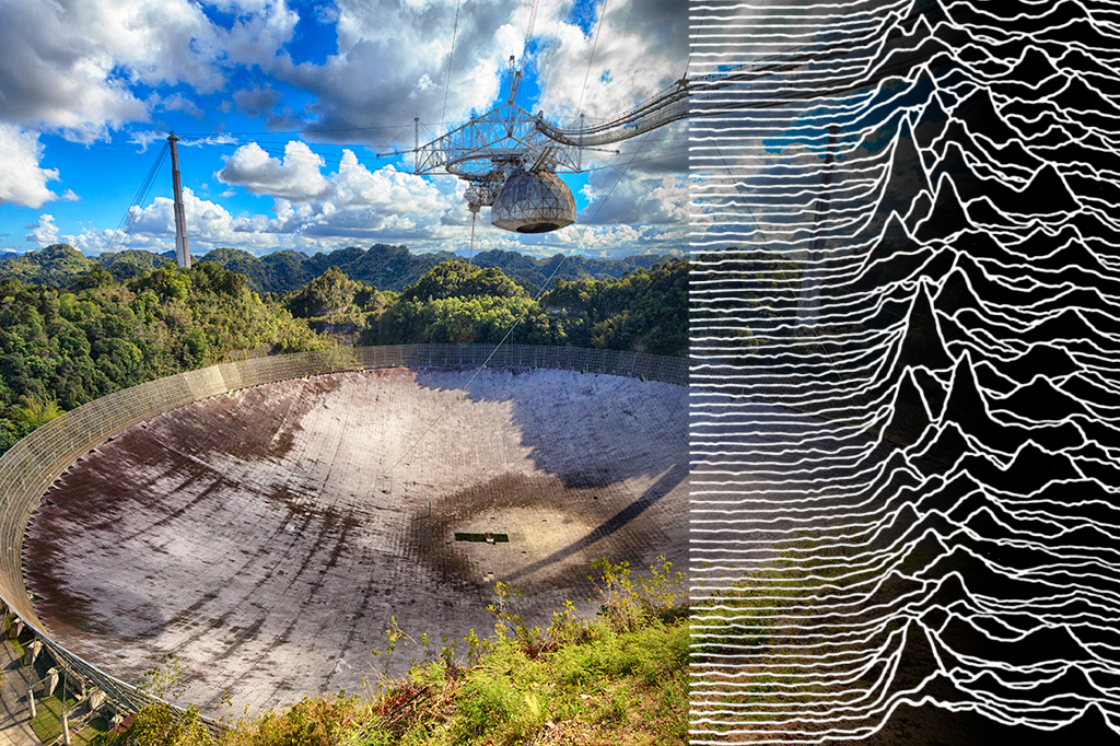 Montagem de foto do radiotelescópio de Arecibo e a capa Unknown Pleasures, do Joy Division.