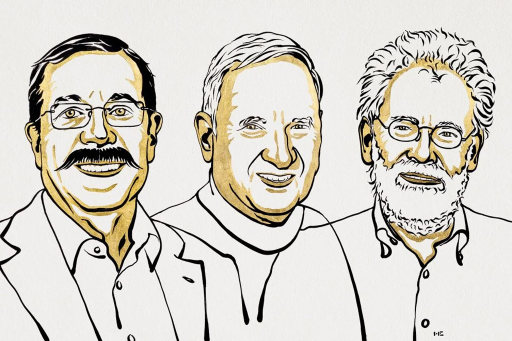 Caricaturas de Alain Aspect, John F. Clauser e Anton Zeilinger.