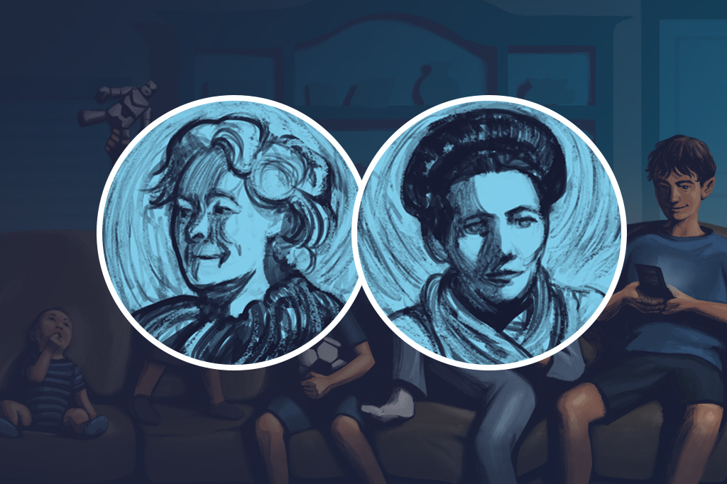 SI_444_Freud_2-1 Ilustração do rosto de duas escritoras: Simone de Beauvoir e Karen Horney.