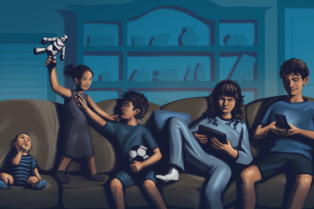 SI_444_Freud_2 Ilustração de crianças sentadas em um sofá.