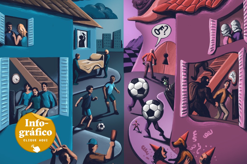 SI_444_Freud_3 Ilustração de cenas cotidianas de uma cidade de um lado da imagem e as mesmas cenas distorcidas em uma realidade paralela do outro lado.