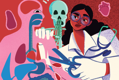 Ilustração de uma estudante de medicina recortando órgãos de uma figura humana de papel.