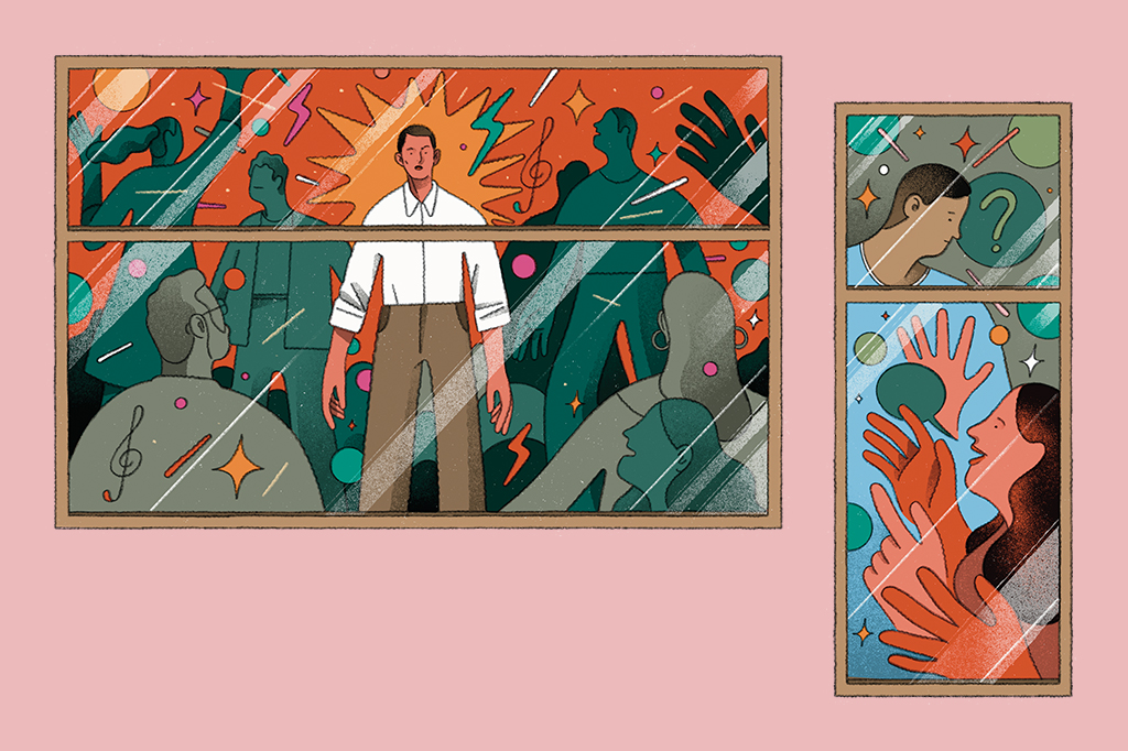 Ilustra&ccedil;&atilde;o de pessoa autista atr&aacute;s de janela fechada com vidro perdida em meio a uma festa. Em outra janela, outra pessoa n&atilde;o consegue entender conversa cheia de gestos.