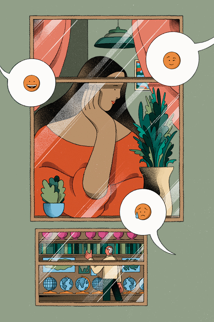 Ilustra&ccedil;&atilde;o de pessoa autista atr&aacute;s de janela fechada com vidro olhando para o horizonte enquanto bal&otilde;es com emojis de diferentes express&otilde;es faciais tentam interagir com ela. Em outra janela, idoso organiza sala com livros sobre geografia, mapas e globos terrestres.