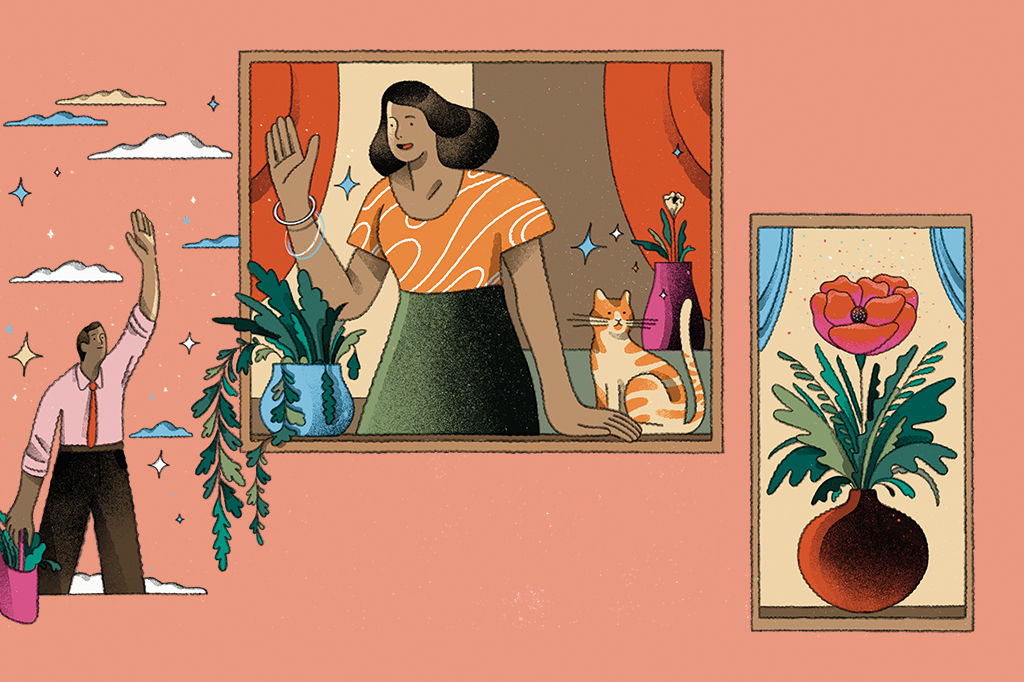 Ilustra&ccedil;&atilde;o com pessoa autista acenando por uma janela aberta para outra pessoa do lado de fora. Em outra janela, uma planta florescendo.