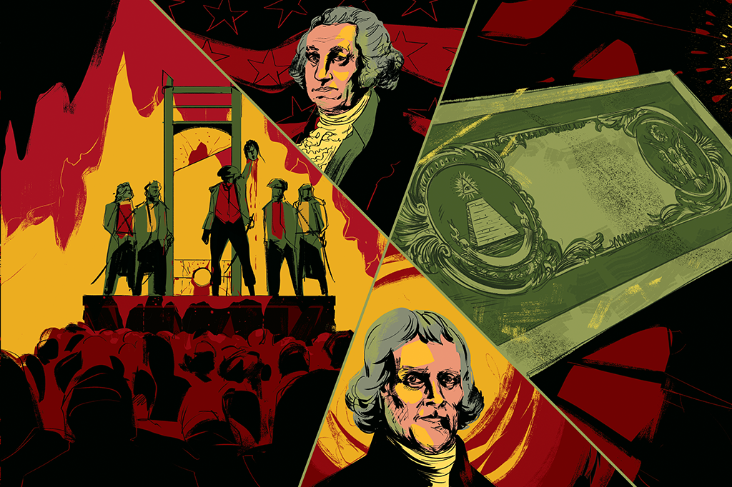 SI_445_Illuminati_03 Ilustração de 4 elementos dentro de triângulos: uma cena da Revolução Francesa com execuções na guilhotina, George Washington, a nota de dólar e Thomas Jefferson.