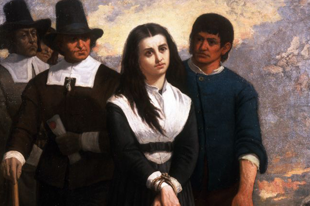 Pintura retratando uma mulher com os punhos amarrados sendo levada por quatro homens para o seu julgamento.