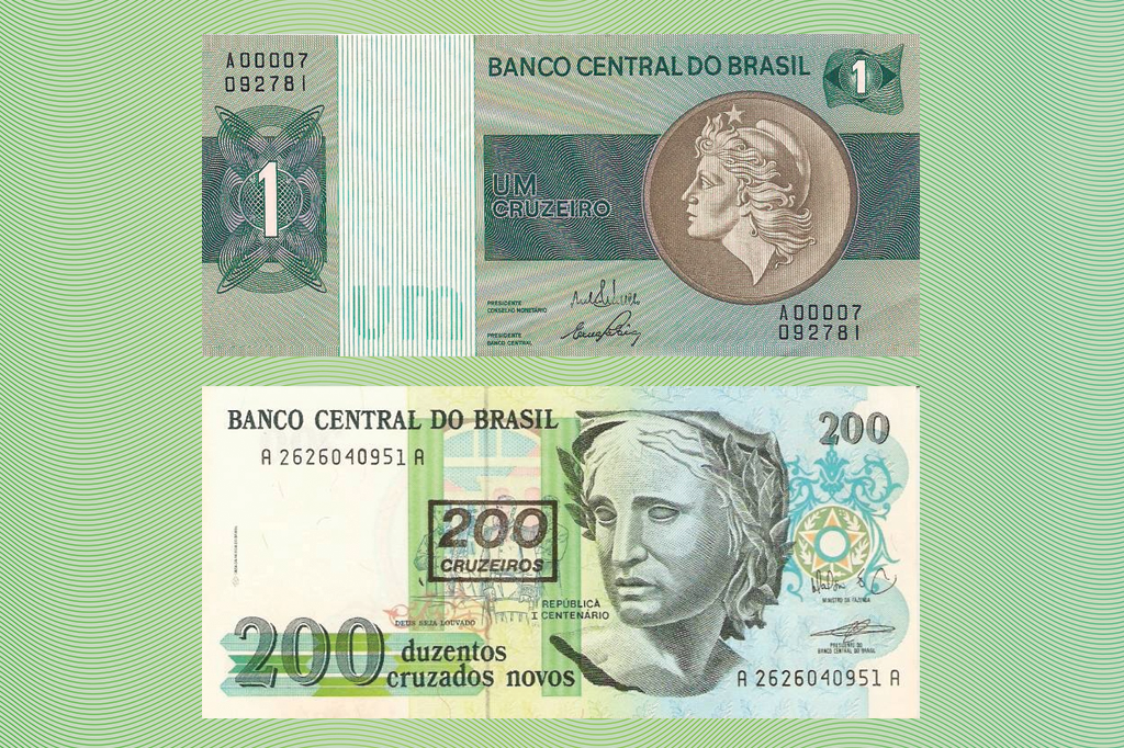 Notas de um cruzeiro e 200 cruzados novos.