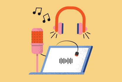 Ilustração de um notebook, um microfone e um fone de ouvido.