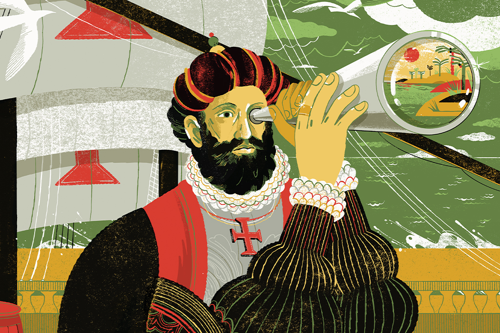 Ilustração de Pedro Álvares Cabral olhando através de uma luneta. Na lente dela, vemos o reflexo de uma paisagem que representa o Brasil.