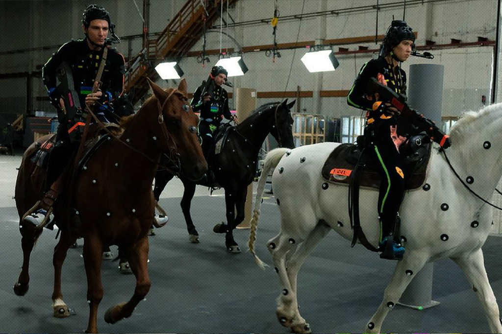 SI_446_playlist_abre03 Elenco de Avatar nos bastidores, em cima de cavalos com dispositivos para captação de movimentos.