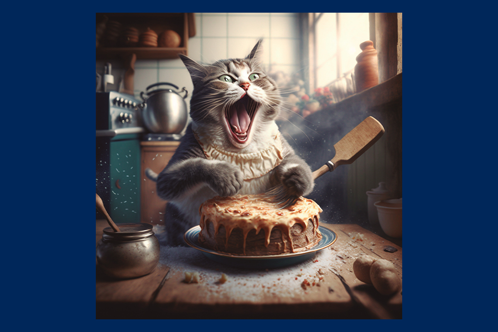 SI_447_IA_16 Ilustração de um gato sorridente fazendo bolo.