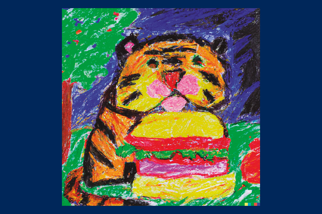 SI_447_IA_4 Ilustração de um tigre comendo hambúrguer.