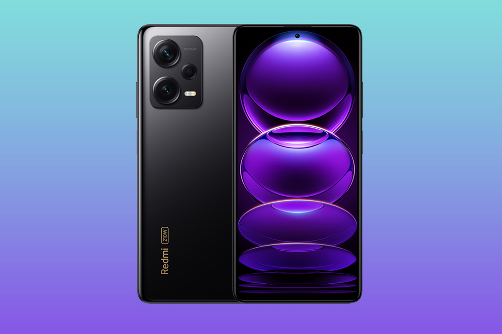 Imagem da frente e da traseira do smartphone, em fundo gradiente de cores azul e roxo.