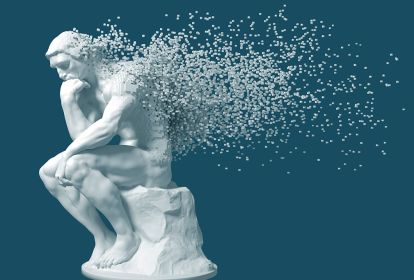 Versão 3D da escultura do Pensador se desintegrando em pixels.
