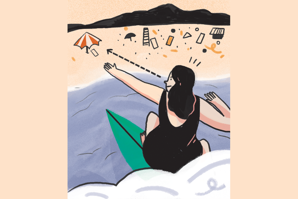 SI_448_ORCL_Manual_03 Ilustração de uma mulher surfando e mirando num guarda-sol na praia.