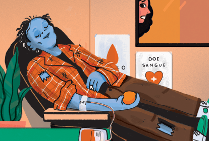 Ilustração de um zumbi doando sangue.